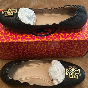 Tory Burch Black Leather Flats with Gold Logo